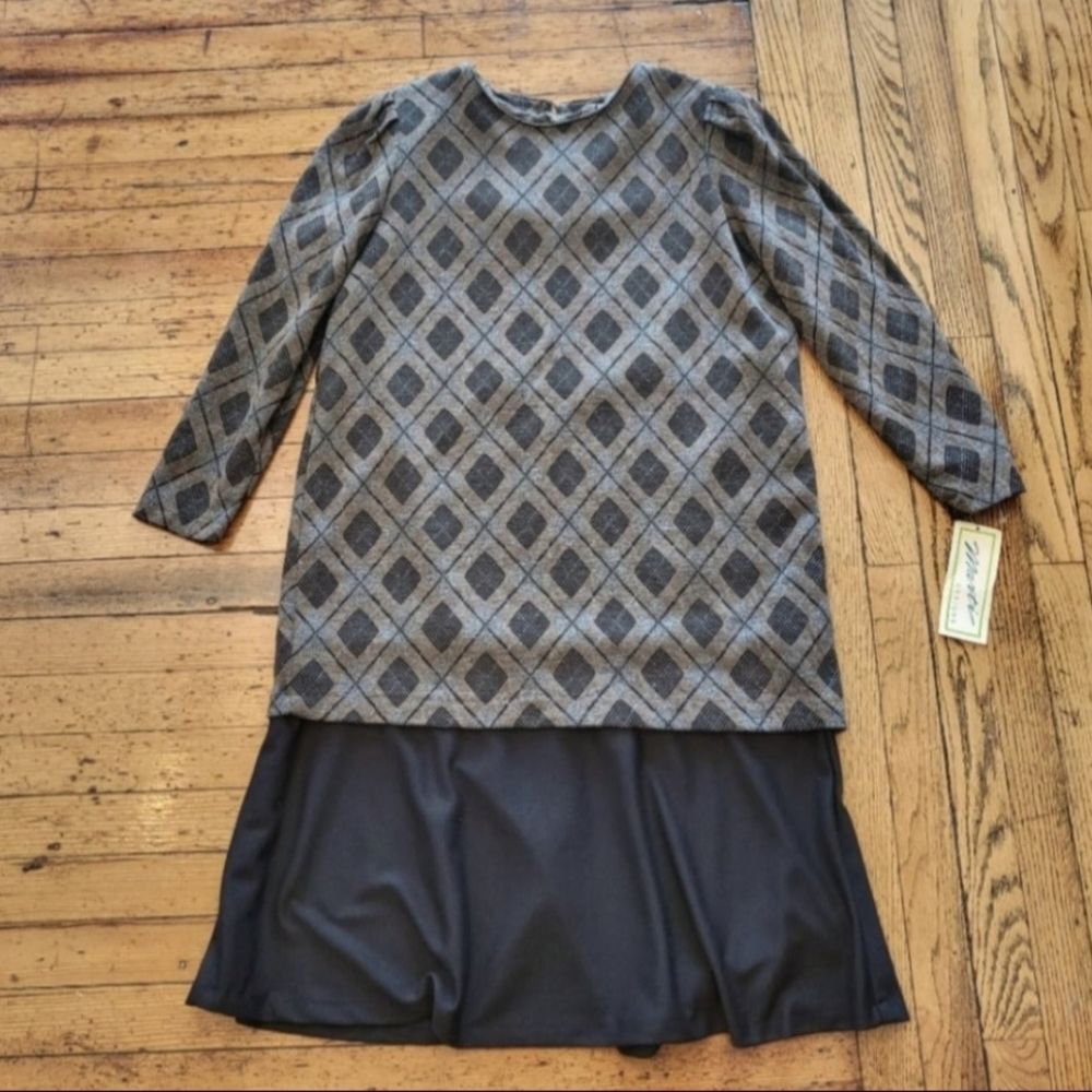 Marti Designs Vintage One Piece Long Sleeve Shirt Dress Gray Argyle Size 16P